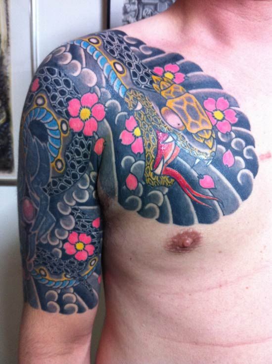 太鼓,五分袖,蛇,桜タトゥー/刺青デザイン画像