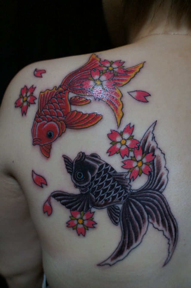 金魚,桜,背中,カラータトゥー/刺青デザイン画像
