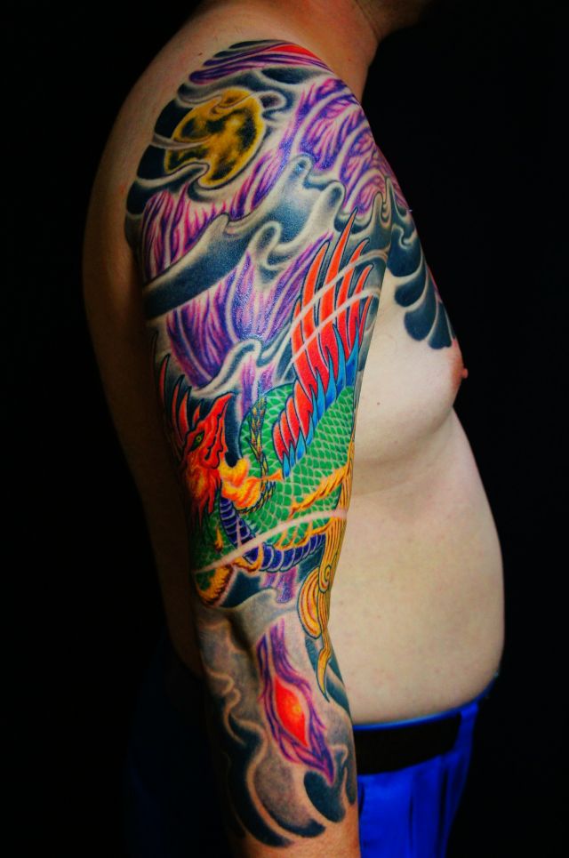 太鼓,七分袖,鳳凰,月タトゥー/刺青デザイン画像
