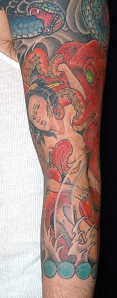 七分袖,人物,蛇,数珠タトゥー/刺青デザイン画像