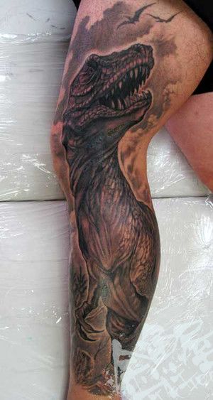 足,恐竜,ブラック＆グレイ,ブラック＆グレータトゥー/刺青デザイン画像