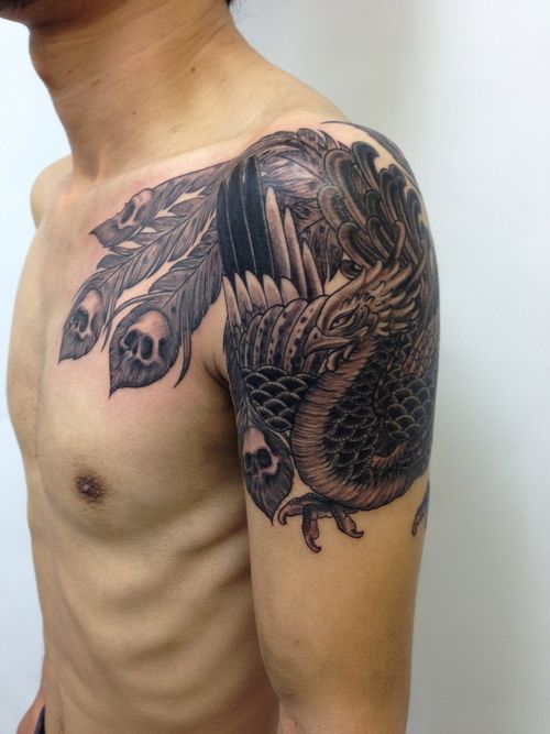 腕,胸,抜き,鳳凰,骸骨,スカル,ブラック＆グレイ,烏彫りタトゥー/刺青デザイン画像