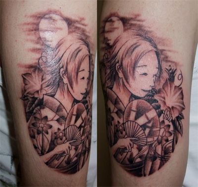 足,女性,人物,月,花,ブラック＆グレータトゥー/刺青デザイン画像