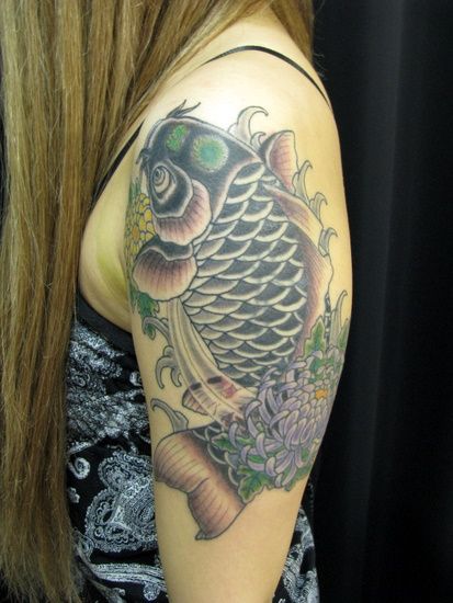鯉,カバーアップ,菊,熊本,腕,花,植物タトゥー/刺青デザイン画像