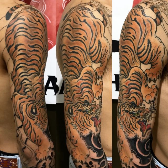腕,虎,カラー,カラフルタトゥー/刺青デザイン画像
