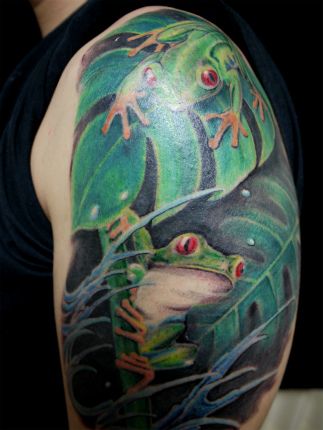 腕,カラー,蛙,カエルタトゥー/刺青デザイン画像