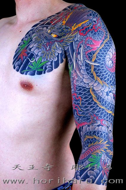 腕,二の腕,男性,七分袖,龍,紅葉,額,胸,カラータトゥー/刺青デザイン画像