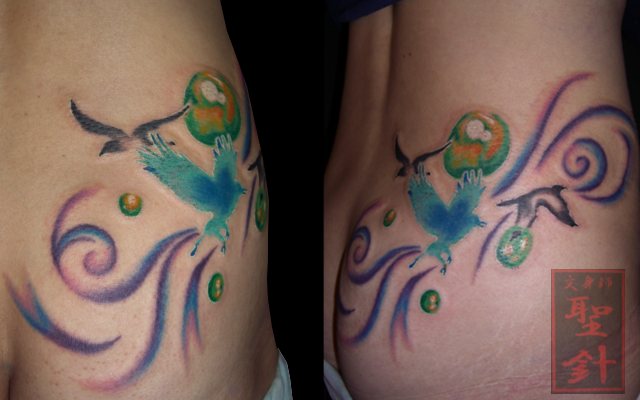 腰,女性,鳥,リアルスティック,カラー,カラフルタトゥー/刺青デザイン画像