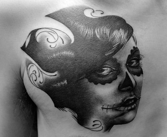 胸,ポートレート,ブラック＆グレイタトゥー/刺青デザイン画像