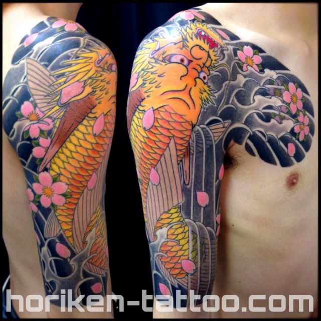 登竜門,龍魚,化け鯉,カラー,腕タトゥー/刺青デザイン画像