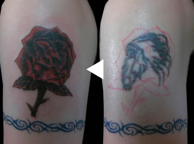 カバーアップ,カラー,薔薇,腕タトゥー/刺青デザイン画像
