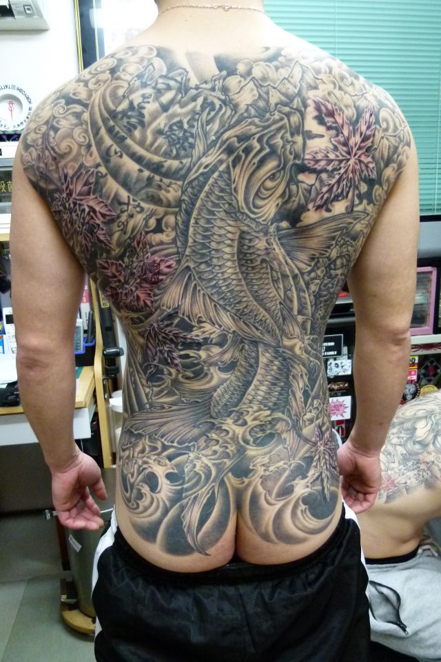 鯉,背中,紅葉,ブラック＆グレータトゥー/刺青デザイン画像