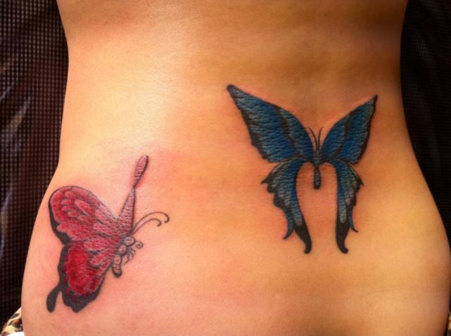 腰,女性,蝶,バタフライ,カラータトゥー/刺青デザイン画像