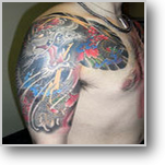 太鼓,五分袖,龍,牡丹タトゥー/刺青デザイン画像