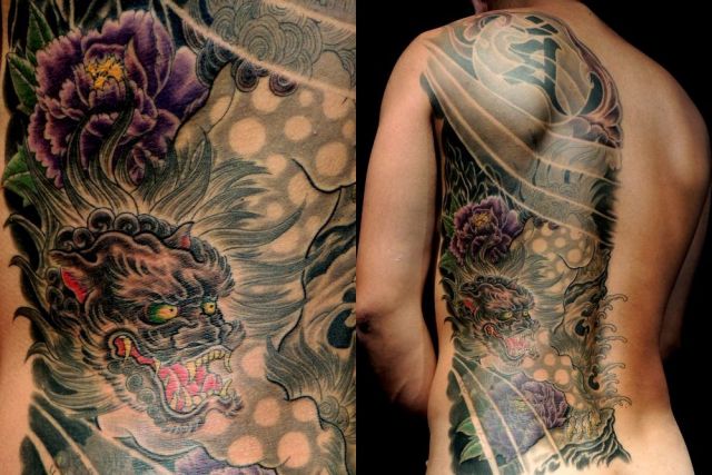 唐獅子,牡丹,カラー,背中タトゥー/刺青デザイン画像