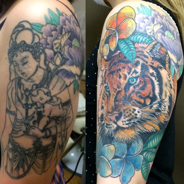肩,二の腕,虎,カバーアップ,カラー,カラフルタトゥー/刺青デザイン画像