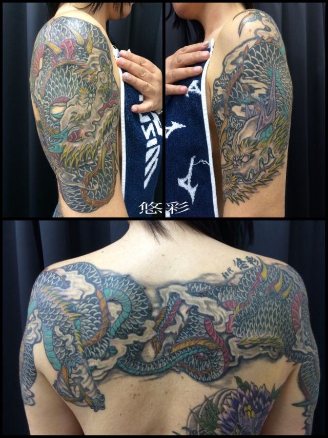 背中,腕,肩,女性,梵字,龍,抜き,カラータトゥー/刺青デザイン画像
