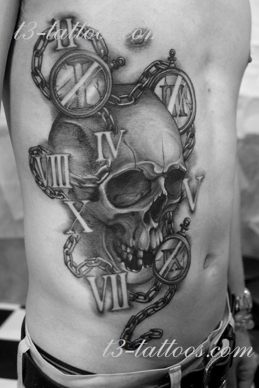 脇腹,男性,スカル,時計,ブラック＆グレイ,ブラック＆グレータトゥー/刺青デザイン画像