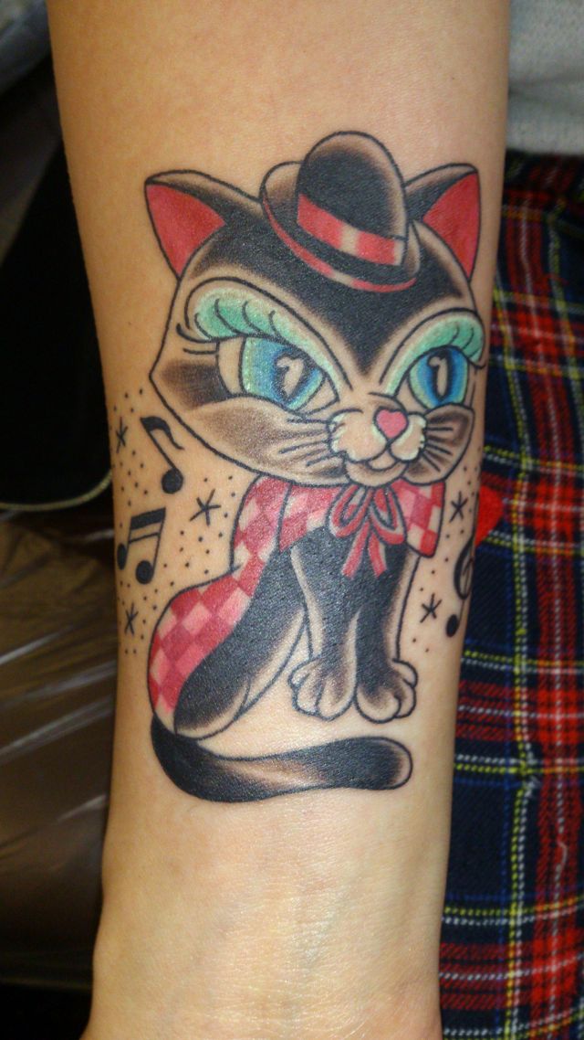 腕,手,女性,猫,音符,音楽,カラー,カラフルタトゥー/刺青デザイン画像