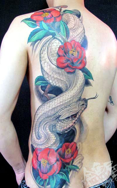 背中,大蛇,蛇,椿,ブラック＆グレイ,ブラック＆グレータトゥー/刺青デザイン画像