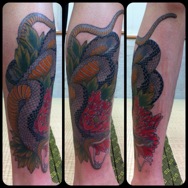 足,牡丹,蛇タトゥー/刺青デザイン画像